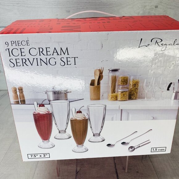 Le Regalo 9 Pieces Ice Cream 4 Glasses And Spoon Plus 1 Scoop Serving Set NEW - Picture 2 of 15